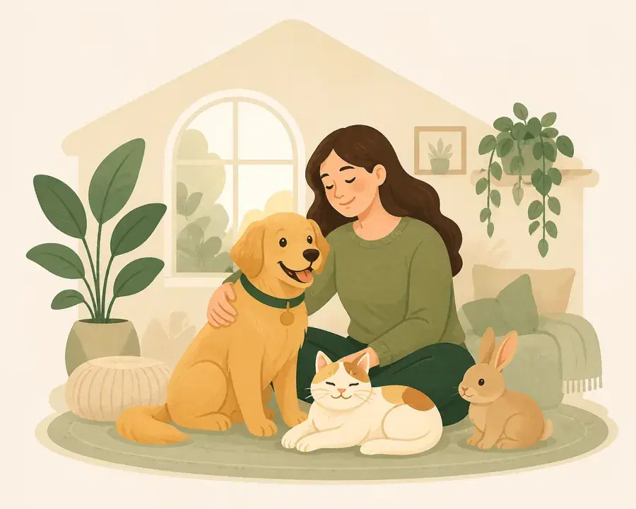Ett mysigt hem med en glad hund och katt som vilar tillsammans
